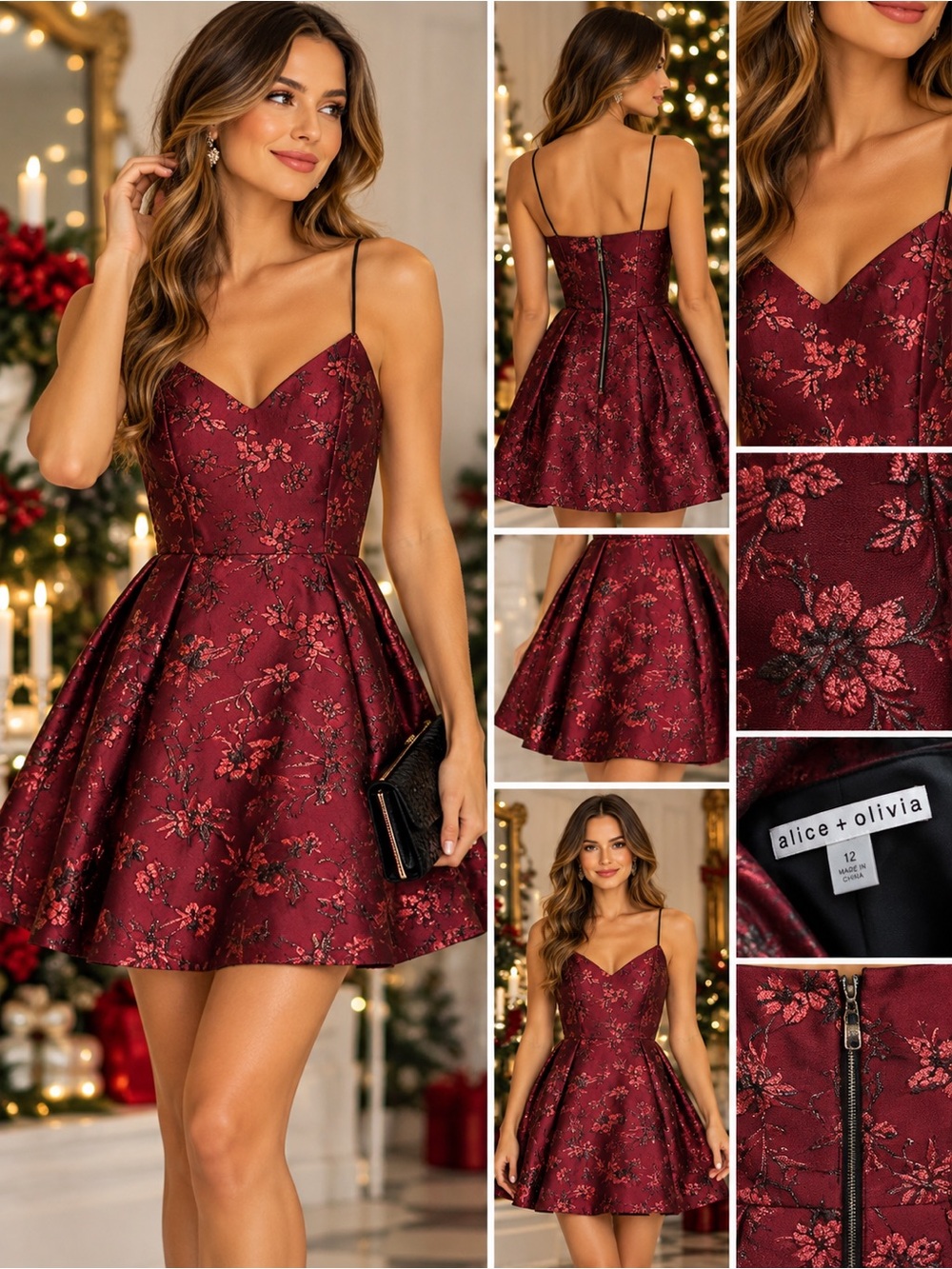 Alice + Olivia Anette Bordeaux Metallic Floral Jacquard Party Dress 12 NWT